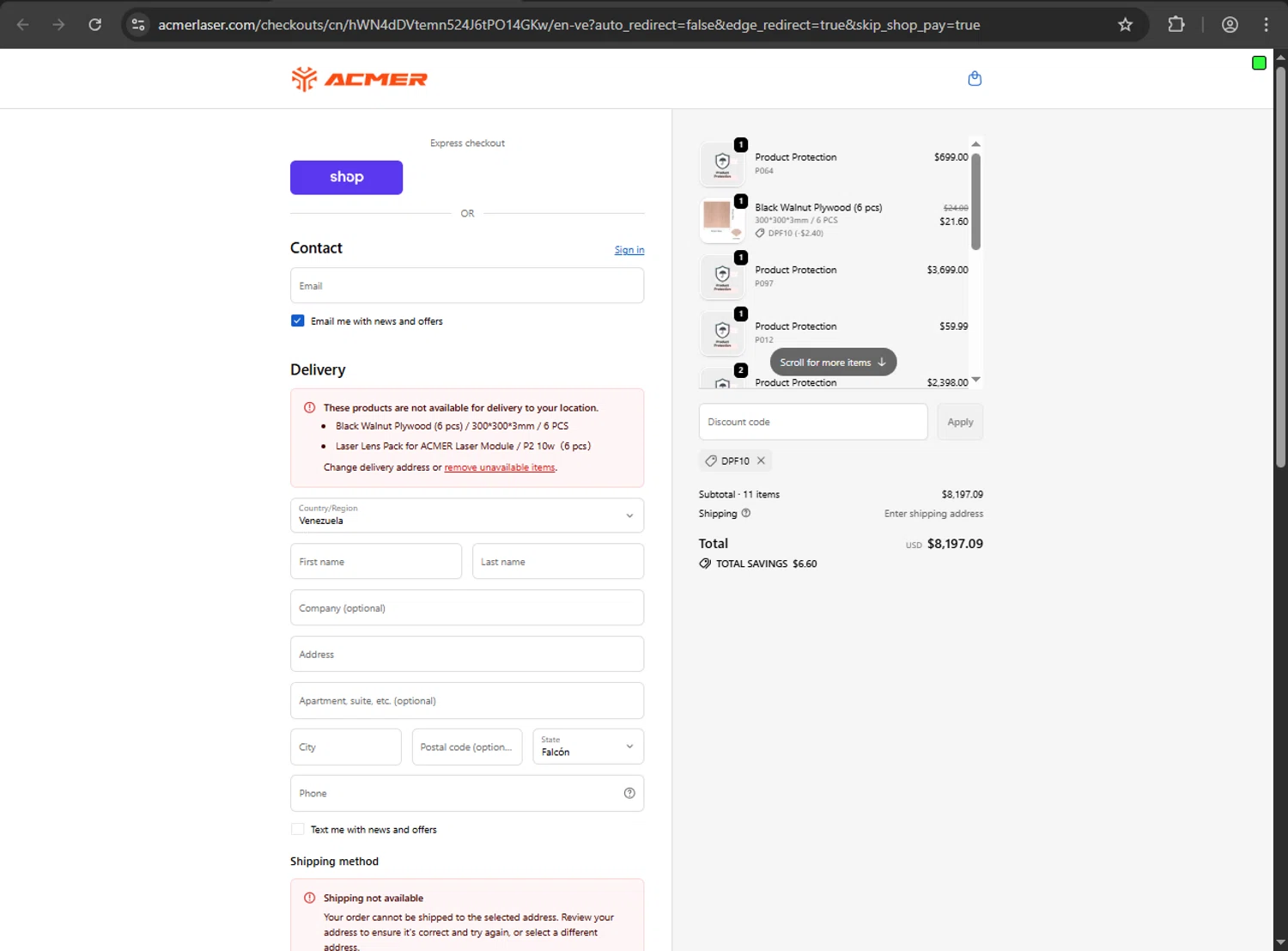 ACMER promo code screenshot showing code DPF10 applied at ACMER checkout page. Uploaded by SimplyCodes community member nikelson on Oct 28, 2025