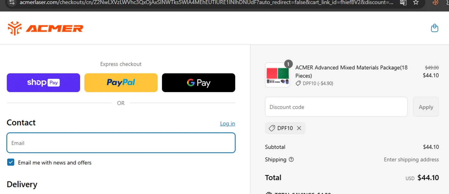 ACMER promo code screenshot showing code DPF10 applied at ACMER checkout page. Uploaded by SimplyCodes community member javierprez on May 4, 2025