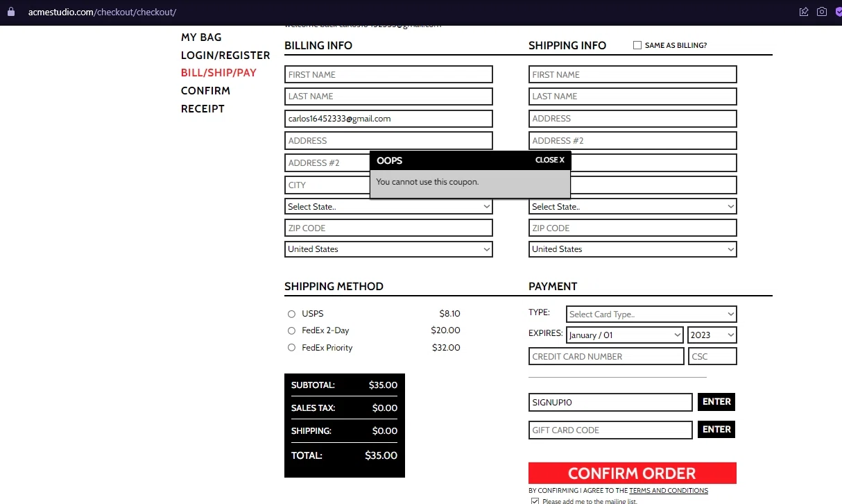 Acme Studio checkout page showing Acme Studio promo code box | Screenshot taken by SimplyCodes community member on Mar 11, 2023