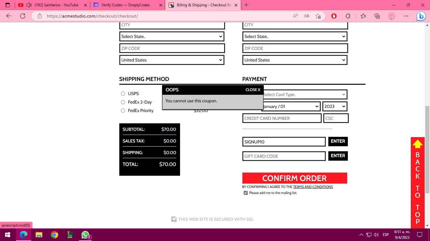 Acme Studio checkout page showing Acme Studio promo code box | Screenshot taken by SimplyCodes community member on Apr 9, 2023