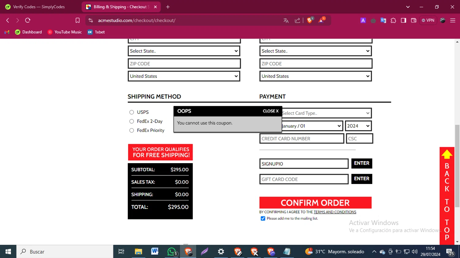 Acme Studio checkout page showing Acme Studio promo code box | Screenshot taken by SimplyCodes community member on Jul 29, 2024