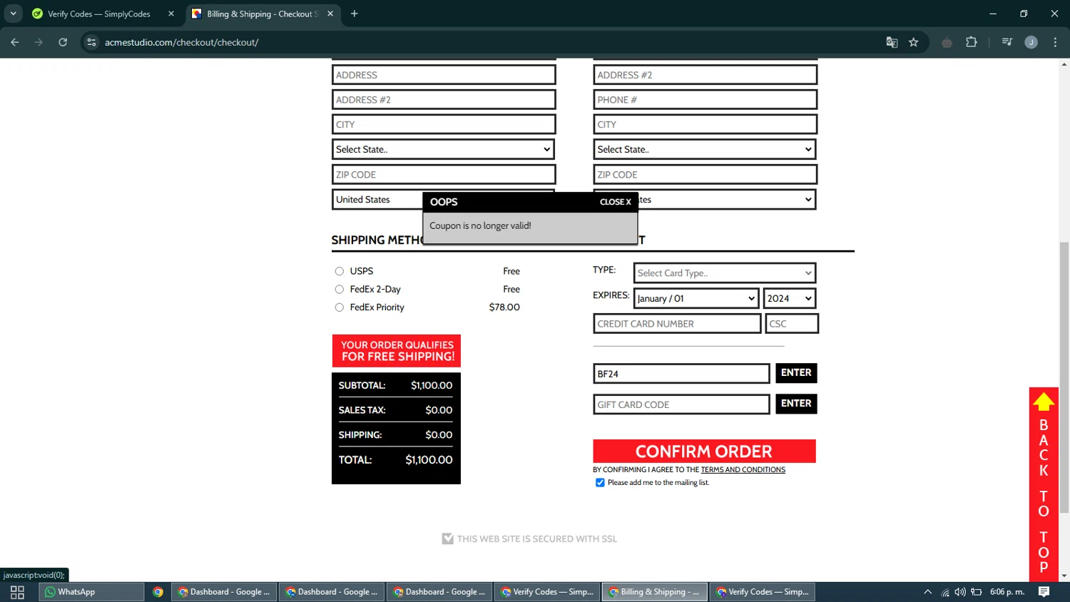 Acme Studio promo code screenshot showing code BF24 applied at Acme Studio checkout page. Uploaded by SimplyCodes community member CashShopper1214 on Dec 26, 2024