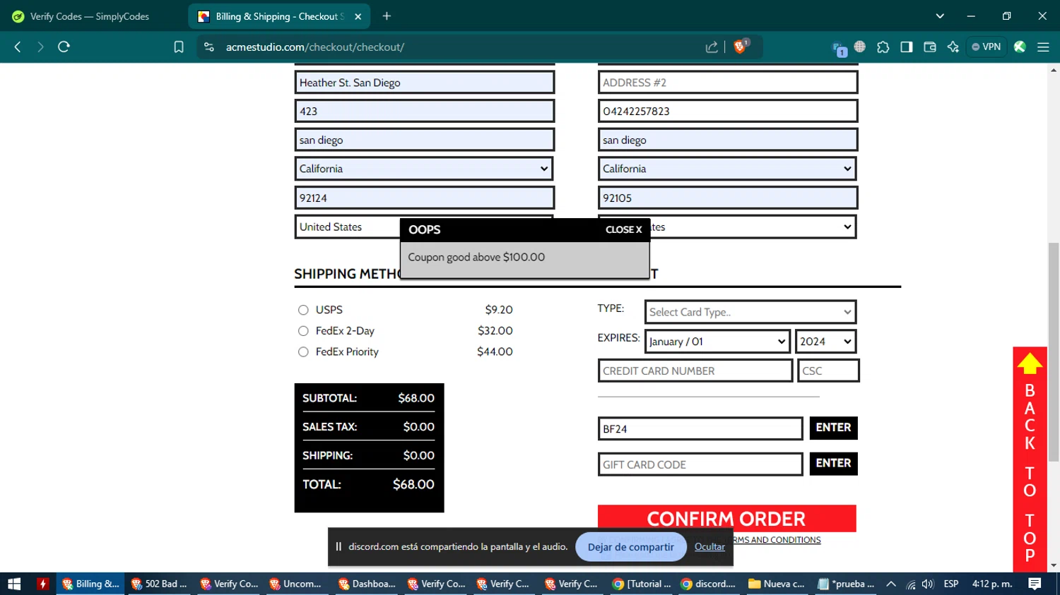 Acme Studio checkout page showing Acme Studio promo code box | Screenshot taken by SimplyCodes community member on Dec 26, 2024
