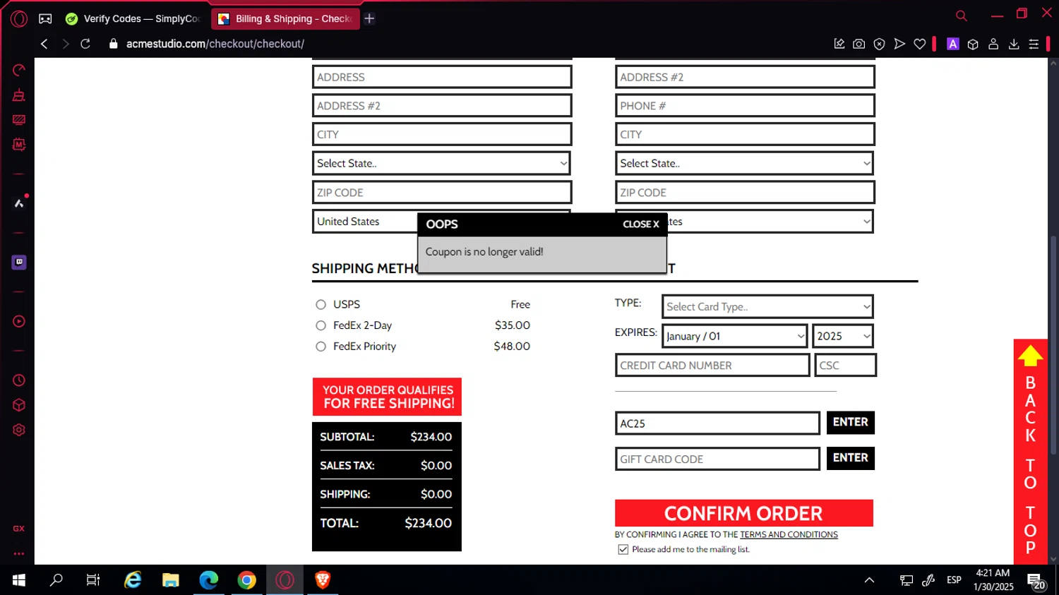 Acme Studio checkout page showing Acme Studio promo code box | Screenshot taken by SimplyCodes community member on Jan 30, 2025
