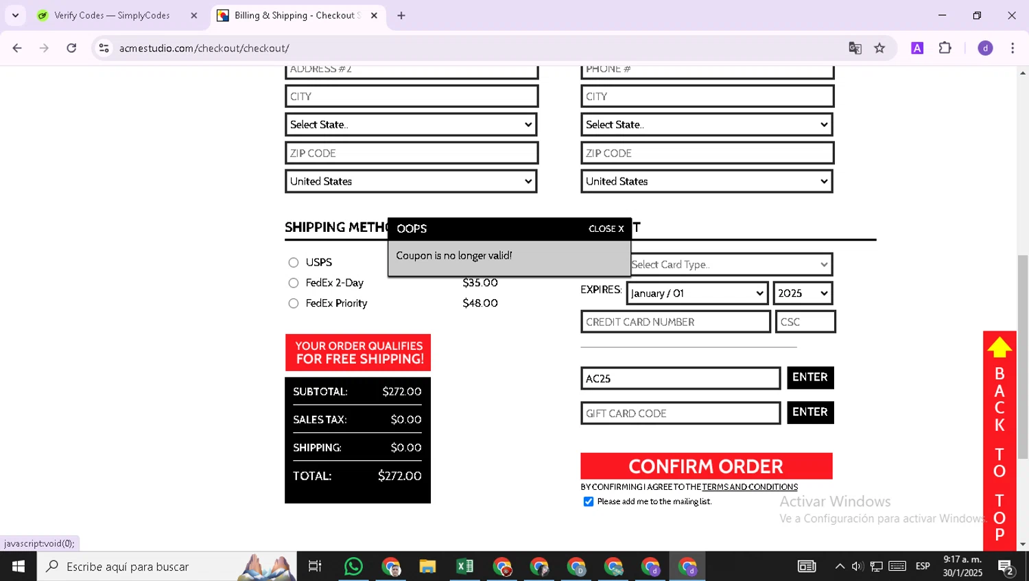 Acme Studio promo code screenshot showing code AC25 applied at Acme Studio checkout page. Uploaded by SimplyCodes community member FortunatePioneer422 on Jan 30, 2025