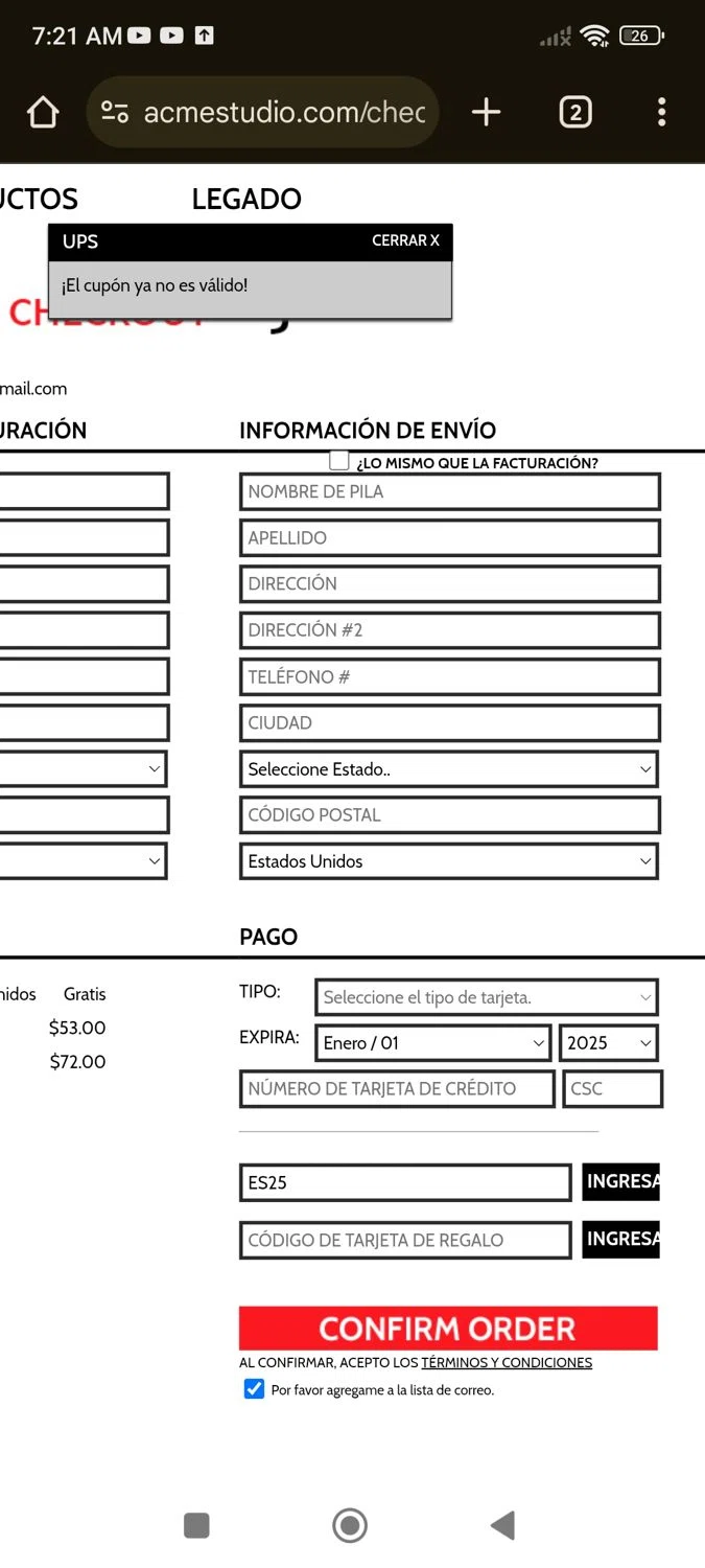 Acme Studio promo code screenshot showing code ES25 applied at Acme Studio checkout page. Uploaded by SimplyCodes community member NobleLion5615 on May 16, 2025