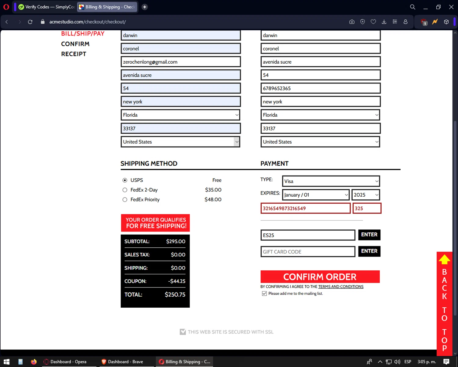 Acme Studio promo code screenshot showing code ES25 applied at Acme Studio checkout page. Uploaded by SimplyCodes community member yonaiker on Apr 17, 2025