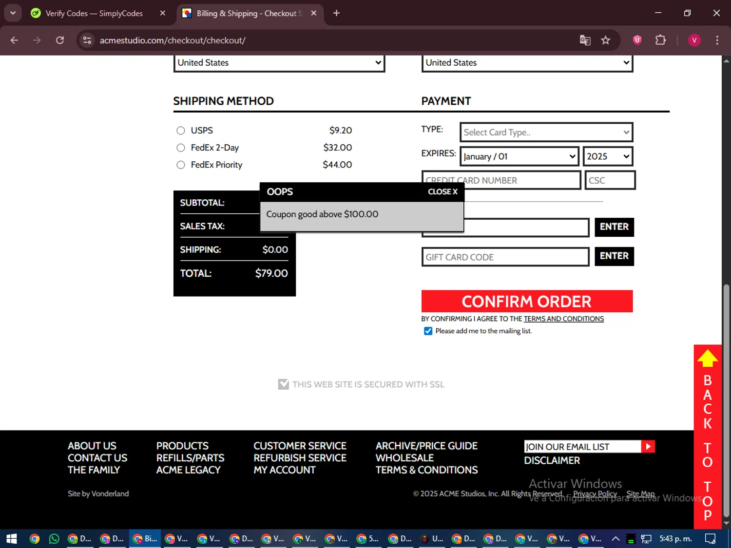 Acme Studio promo code screenshot showing code bf25 applied at Acme Studio checkout page. Uploaded by SimplyCodes community member ShieldEagle6102 on Nov 26, 2025