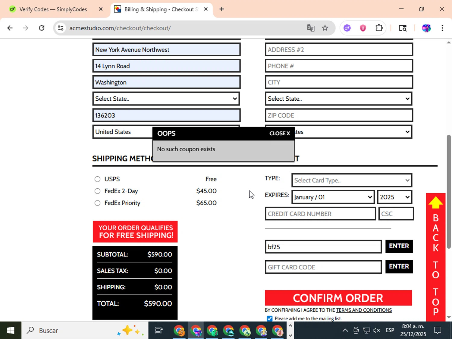 Acme Studio promo code screenshot showing code bf25 applied at Acme Studio checkout page. Uploaded by SimplyCodes community member ingric on Dec 25, 2025