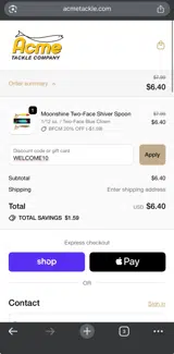 Acme Tackle coupon verification screenshot