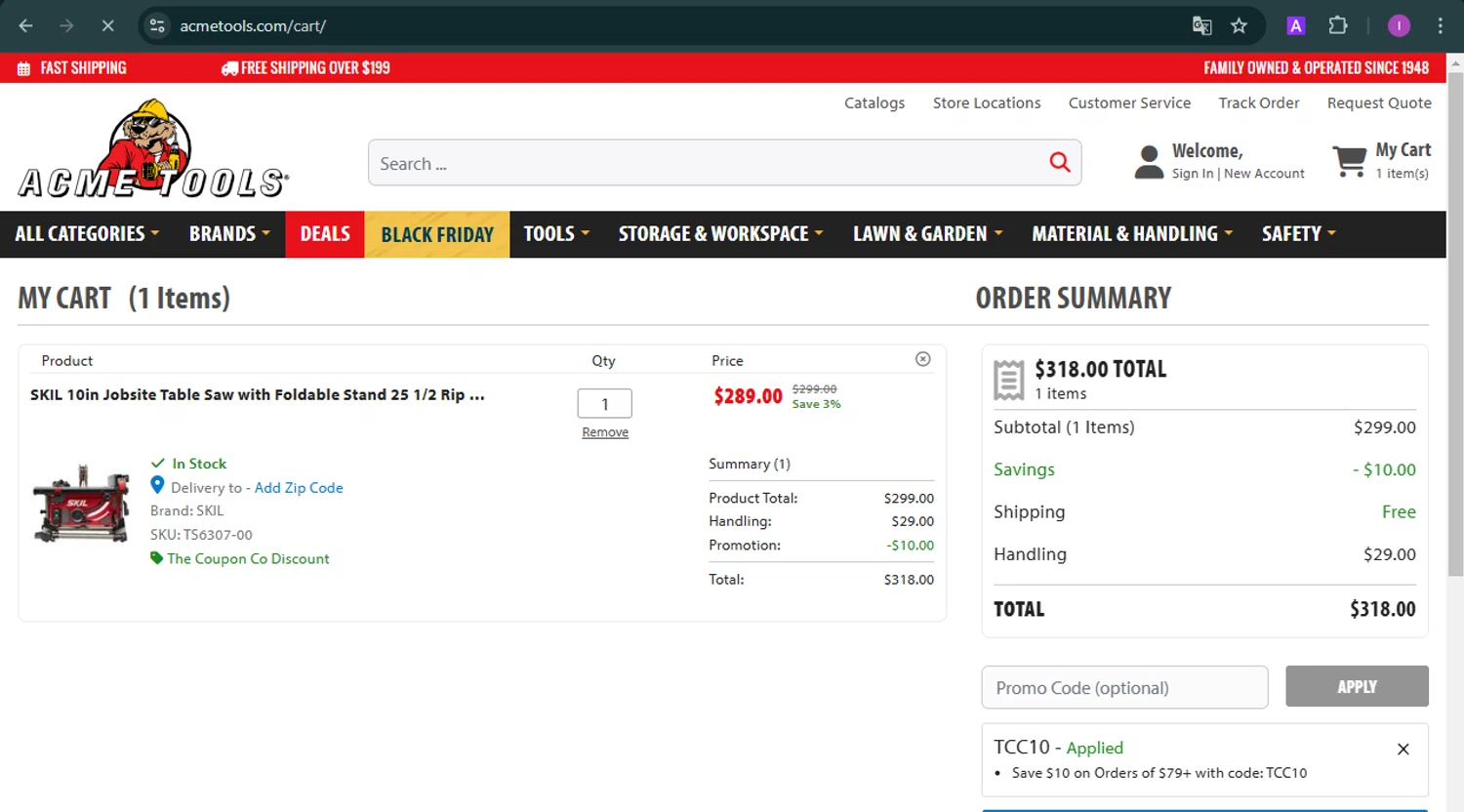 where to use Acme Tools promo code box