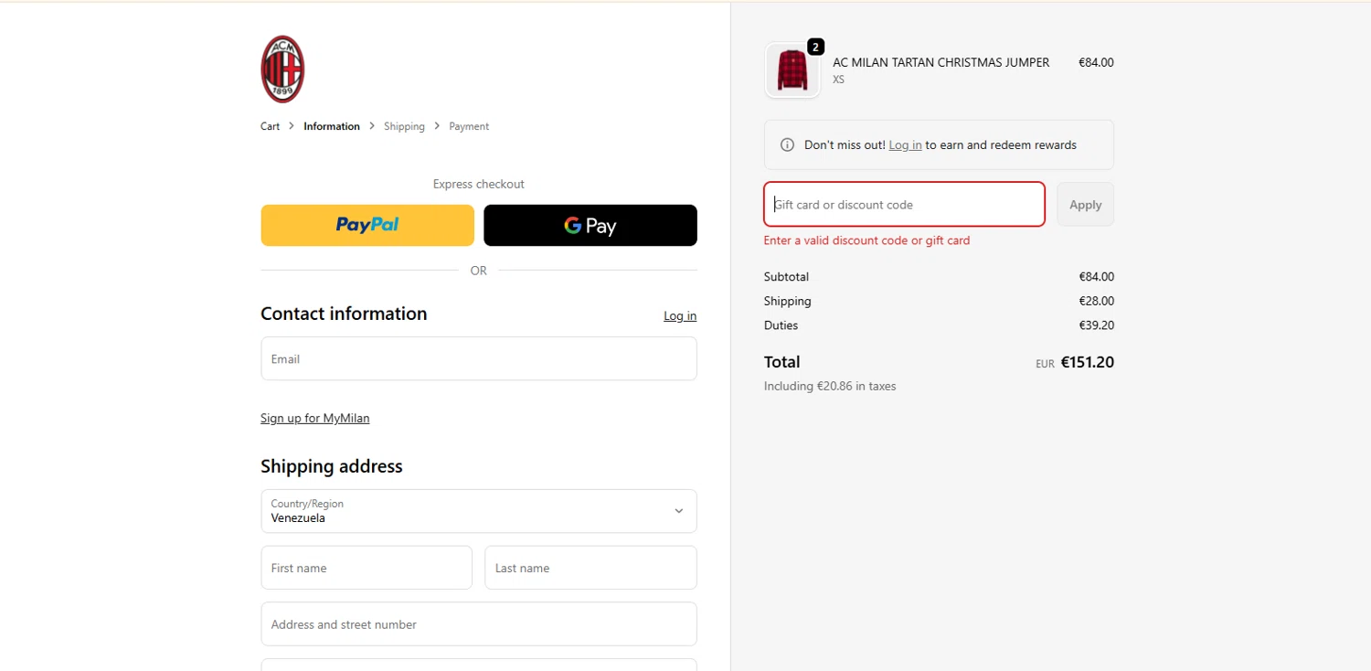 AC Milan Store discount code screenshot showing code SIMPLYCODES10 applied at AC Milan Store checkout page. Uploaded by SimplyCodes community member Alydrop on Dec 15, 2025