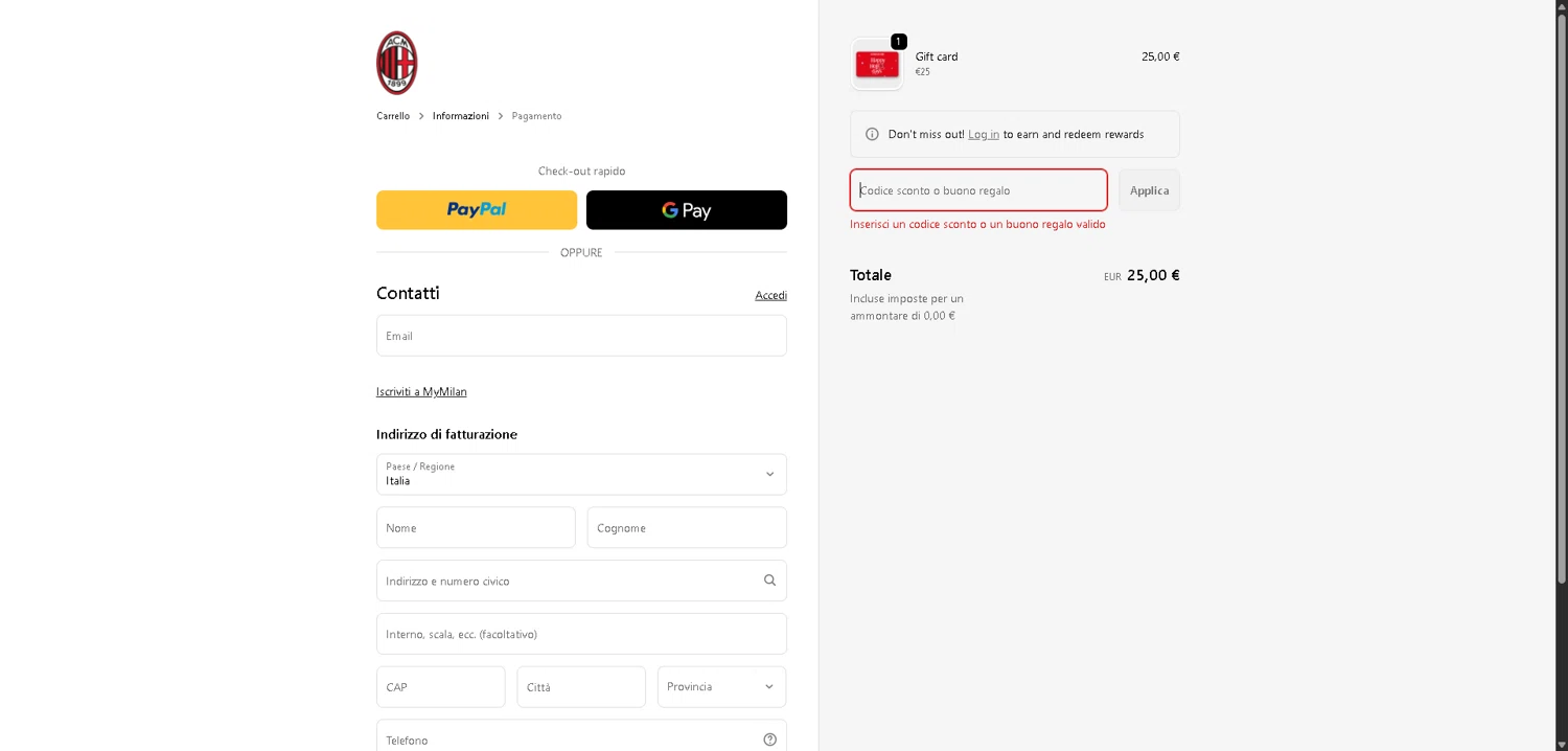 AC Milan Store discount code screenshot showing code SIMPLYCODES10 applied at AC Milan Store checkout page. Uploaded by SimplyCodes community member CleverLynx8583 on Dec 25, 2025