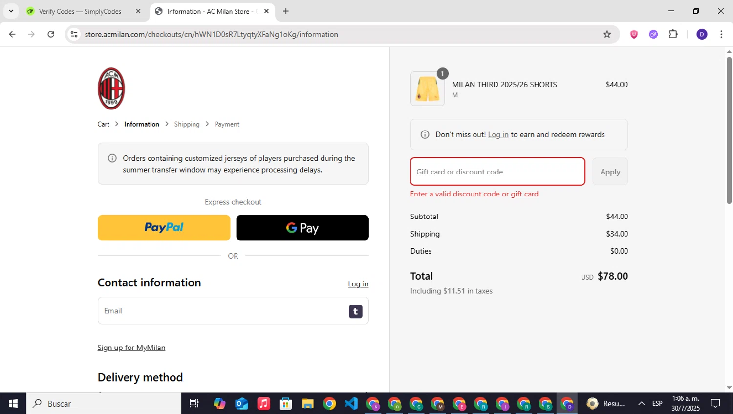 AC Milan Store discount code screenshot showing code SIMPLYCODES10 applied at AC Milan Store checkout page. Uploaded by SimplyCodes community member PrimeNavigator3251 on Jul 30, 2025