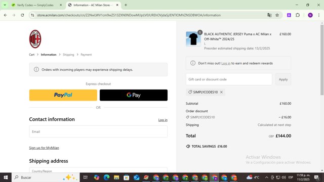 AC Milan Store checkout page showing AC Milan Store discount code box | Screenshot taken by SimplyCodes community member on Feb 12, 2025