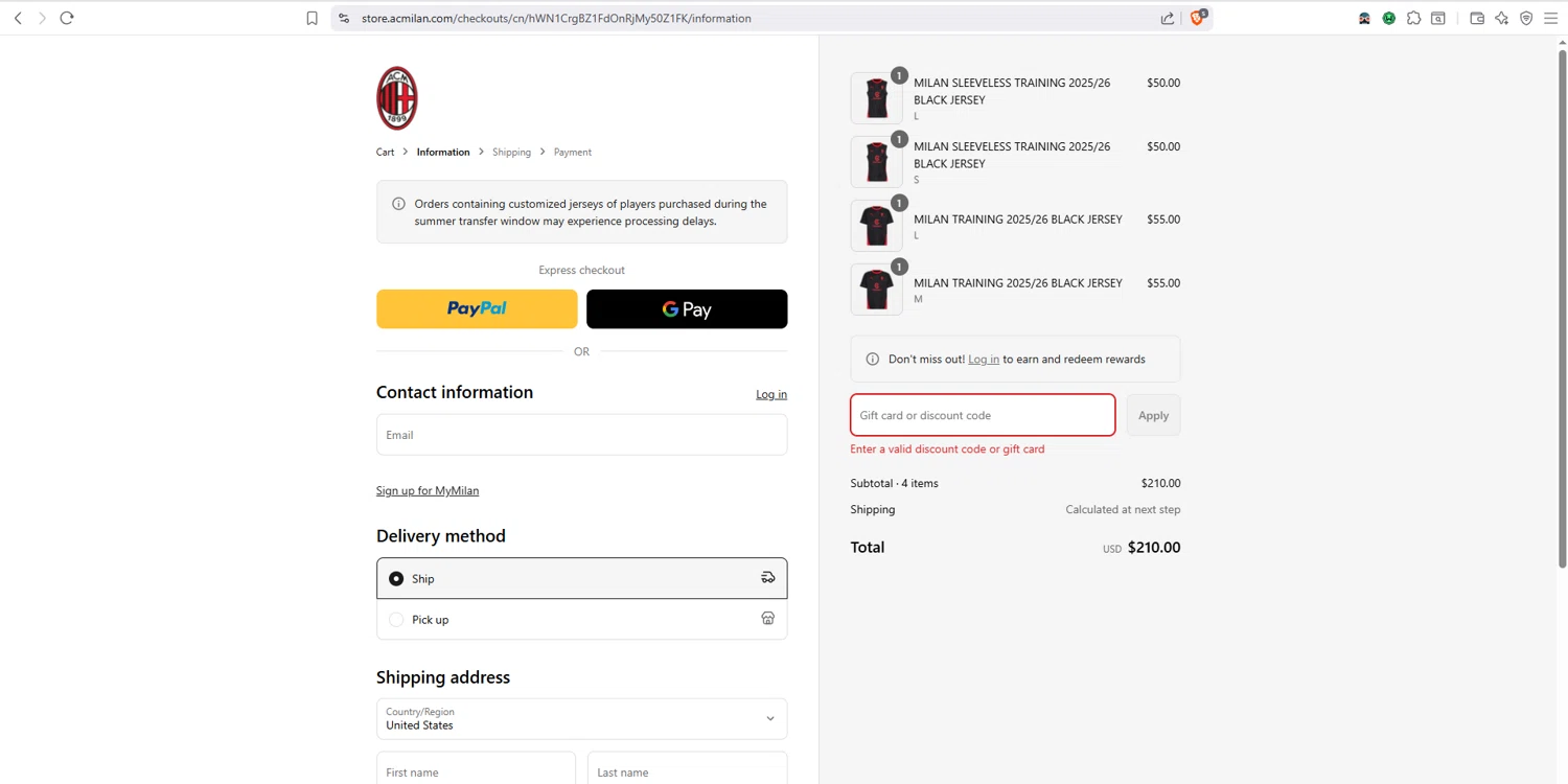 AC Milan Store discount code screenshot showing code SIMPLYCODES10 applied at AC Milan Store checkout page. Uploaded by SimplyCodes community member dayselis15 on Jul 30, 2025