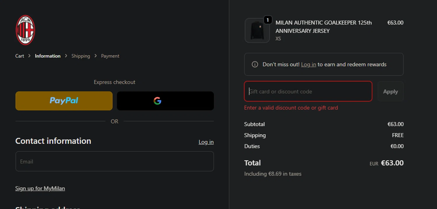 AC Milan Store discount code screenshot showing code PETALS applied at AC Milan Store checkout page. Uploaded by SimplyCodes community member PedroNavaja on Dec 1, 2025