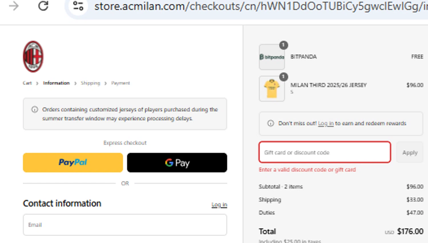 AC Milan Store discount code screenshot showing code PETALS applied at AC Milan Store checkout page. Uploaded by SimplyCodes community member PennyOwl2559 on Jul 30, 2025