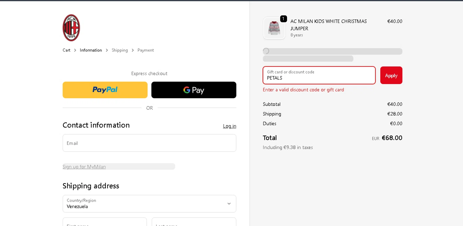 AC Milan Store discount code screenshot showing code PETALS applied at AC Milan Store checkout page. Uploaded by SimplyCodes community member PennySage5996 on Dec 6, 2025