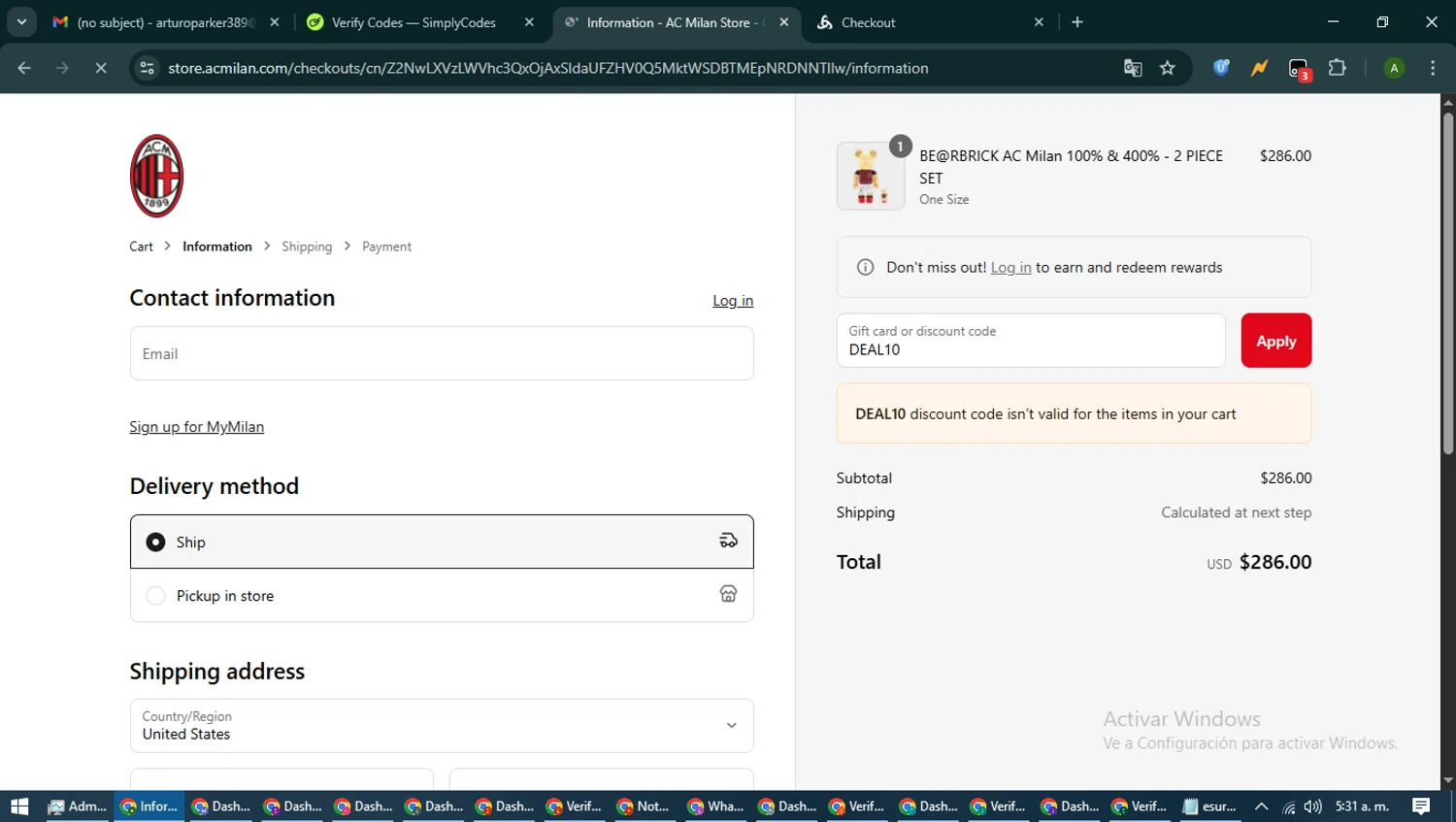 AC Milan Store checkout page showing AC Milan Store discount code box | Screenshot taken by SimplyCodes community member on Jun 5, 2025