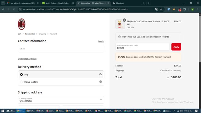 AC Milan Store checkout page showing AC Milan Store discount code box | Screenshot taken by SimplyCodes community member on Jun 5, 2025