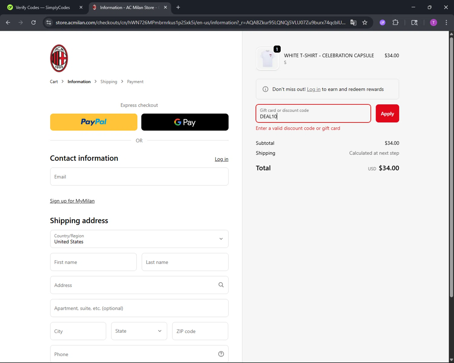 AC Milan Store discount code screenshot showing code DEAL10 applied at AC Milan Store checkout page. Uploaded by SimplyCodes community member CleverFinder9623 on Dec 30, 2025