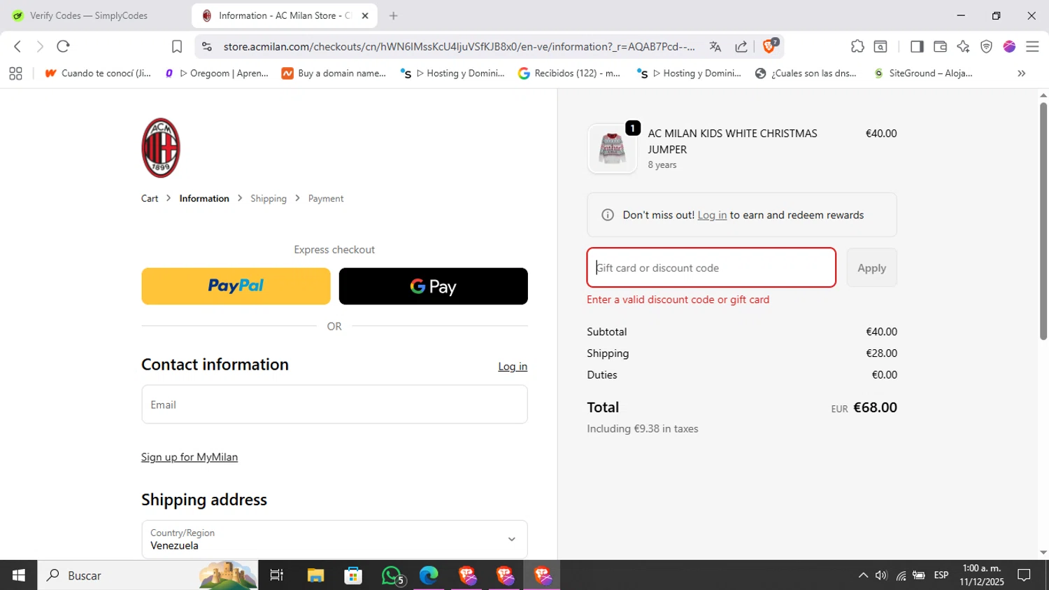 AC Milan Store discount code screenshot showing code DEAL10 applied at AC Milan Store checkout page. Uploaded by SimplyCodes community member Kimberly on Dec 11, 2025