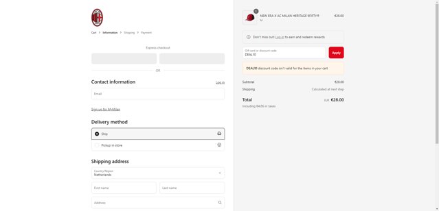 AC Milan Store checkout page showing AC Milan Store discount code box | Screenshot taken by SimplyCodes community member on Jun 22, 2025