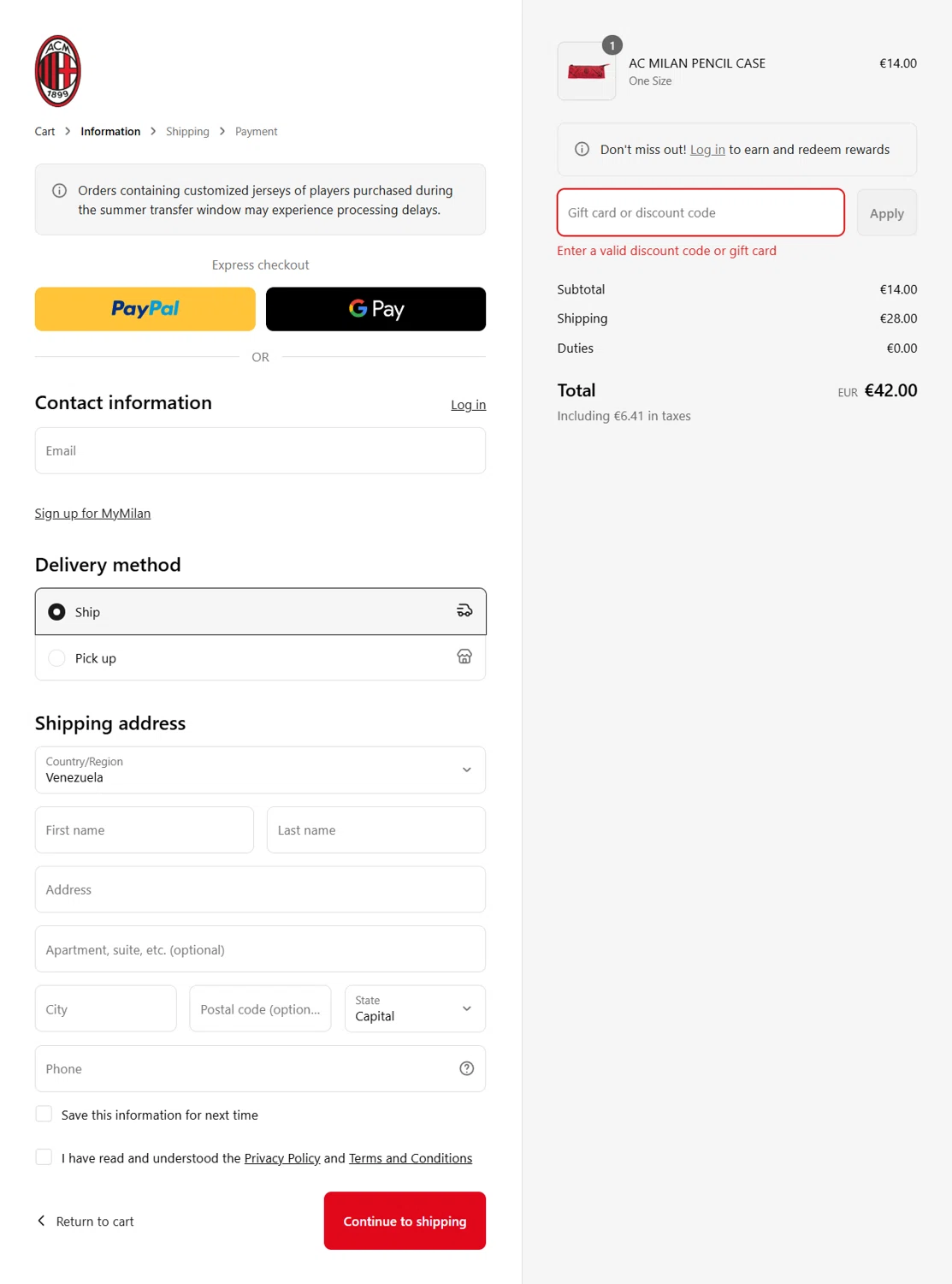 AC Milan Store discount code screenshot showing code DEAL10 applied at AC Milan Store checkout page. Uploaded by SimplyCodes community member Rossimar on Aug 26, 2025