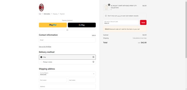 AC Milan Store checkout page showing AC Milan Store discount code box | Screenshot taken by SimplyCodes community member on May 7, 2025