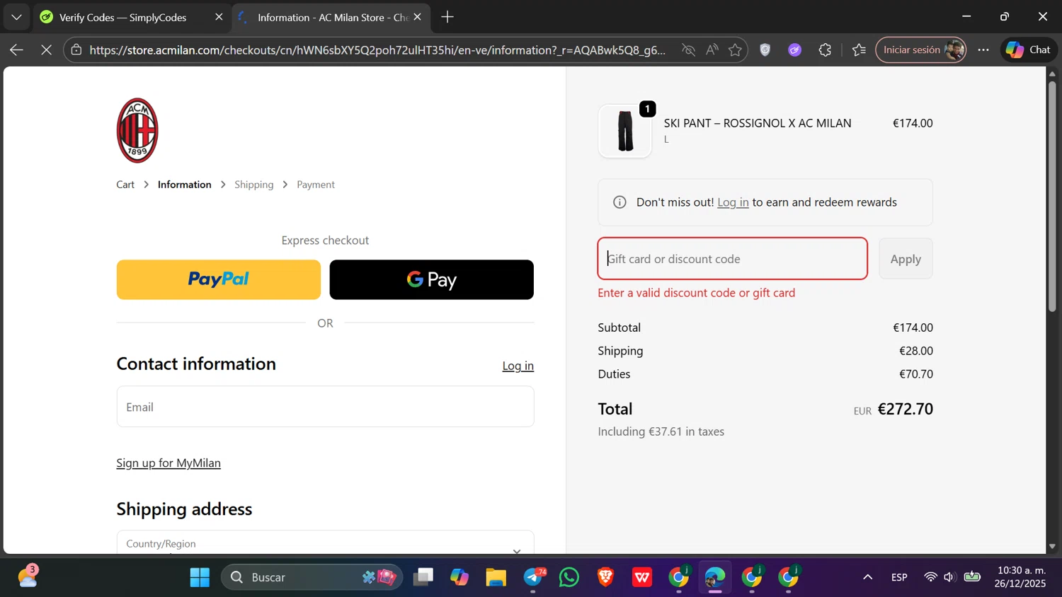 AC Milan Store discount code screenshot showing code DEAL10 applied at AC Milan Store checkout page. Uploaded by SimplyCodes community member Toji_fushiguro on Dec 26, 2025