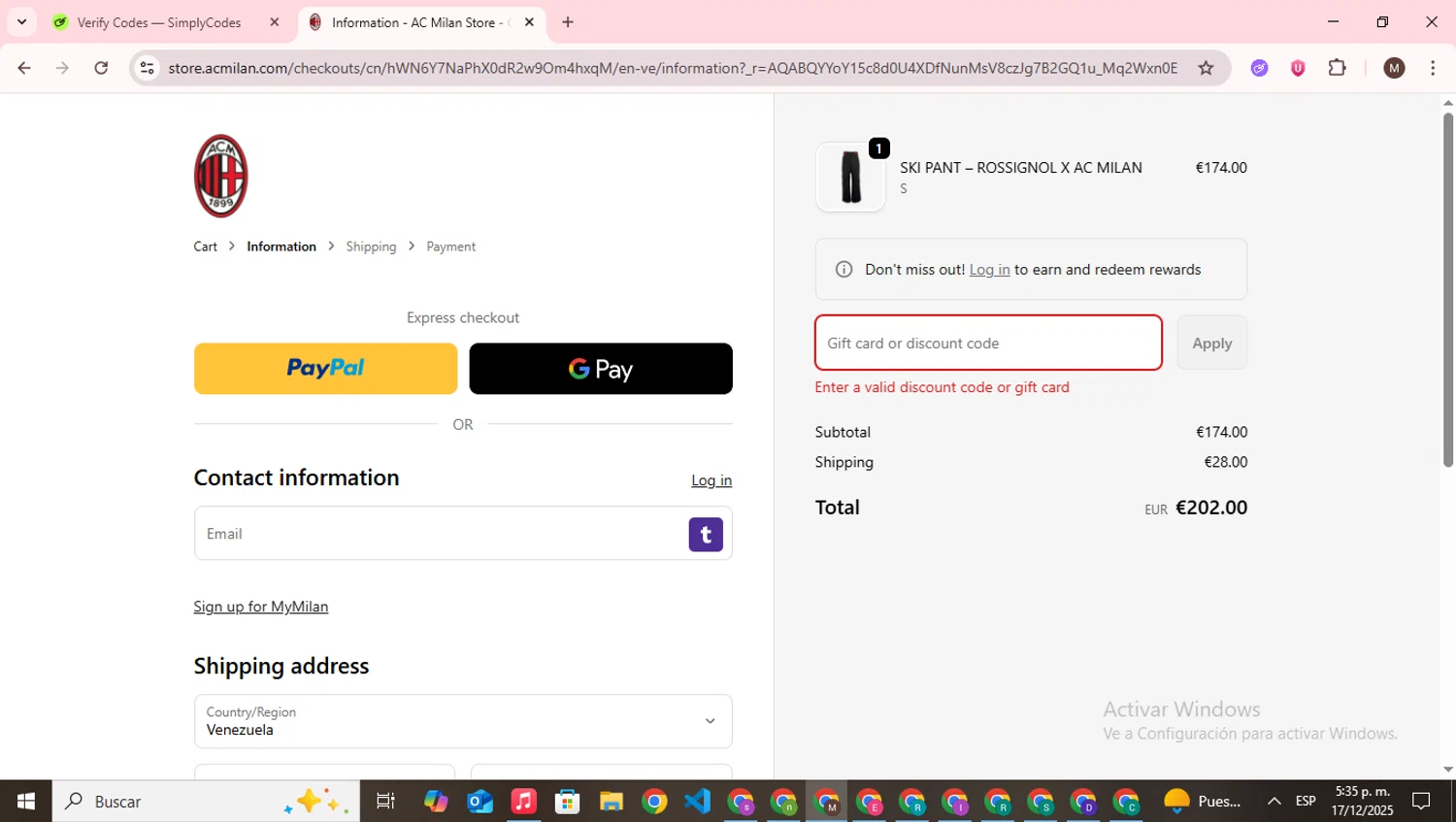 AC Milan Store discount code screenshot showing code DEAL10 applied at AC Milan Store checkout page. Uploaded by SimplyCodes community member WonderWizard9060 on Dec 17, 2025