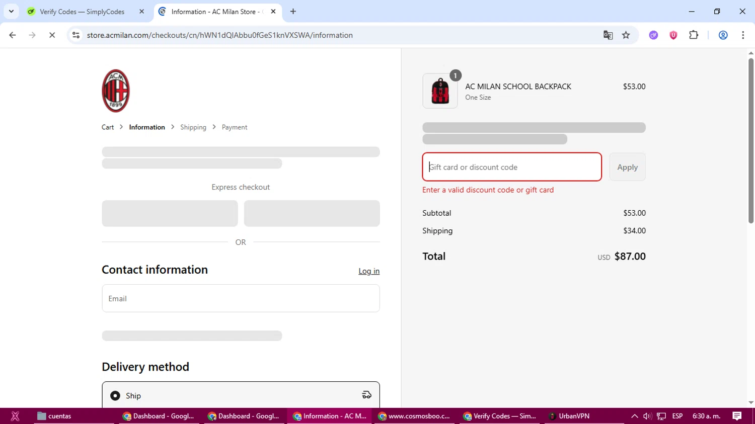 AC Milan Store discount code screenshot showing code DEAL10 applied at AC Milan Store checkout page. Uploaded by SimplyCodes community member dolce_codmax213 on Aug 10, 2025