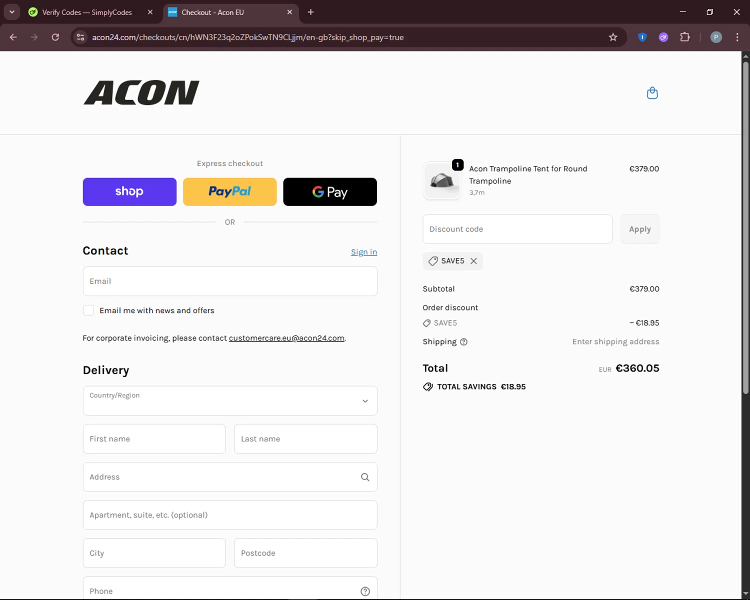 Acon24.com discount code screenshot showing code SAVE5 applied at Acon24.com checkout page. Uploaded by SimplyCodes community member DiscountEagle6247 on Sep 21, 2025