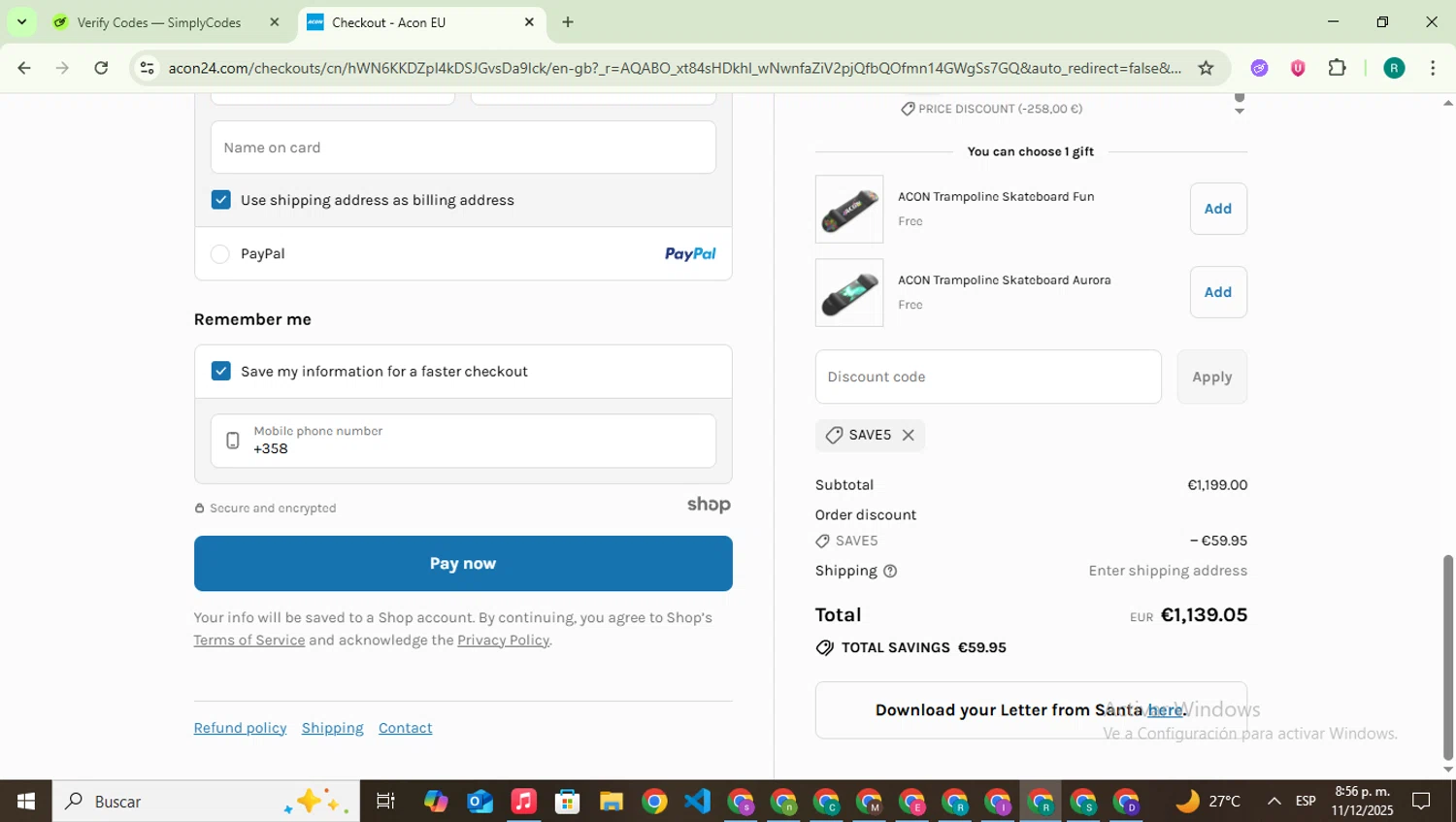 Acon24.com discount code screenshot showing code SAVE5 applied at Acon24.com checkout page. Uploaded by SimplyCodes community member SavingsLegend387 on Dec 12, 2025