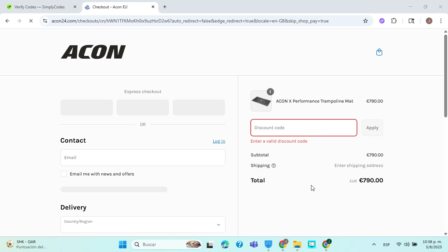 Acon24.com discount code screenshot showing code BOUNCE75 applied at Acon24.com checkout page. Uploaded by SimplyCodes community member ABHF23 on Aug 6, 2025
