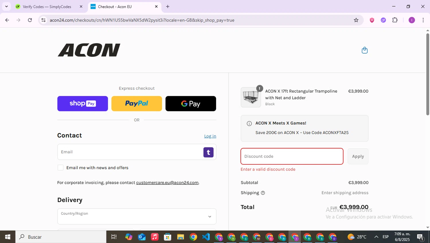 Acon24.com discount code screenshot showing code BOUNCE75 applied at Acon24.com checkout page. Uploaded by SimplyCodes community member RebateAce6764 on Aug 6, 2025