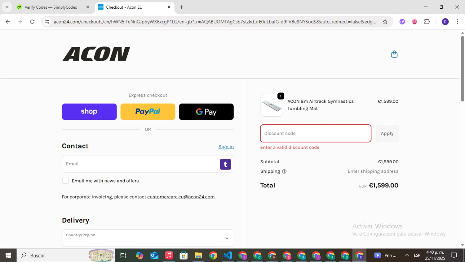 Acon24.com discount code screenshot showing code BF15OFF applied at Acon24.com checkout page. Uploaded by SimplyCodes community member PrimeNavigator3251 on Nov 25, 2025