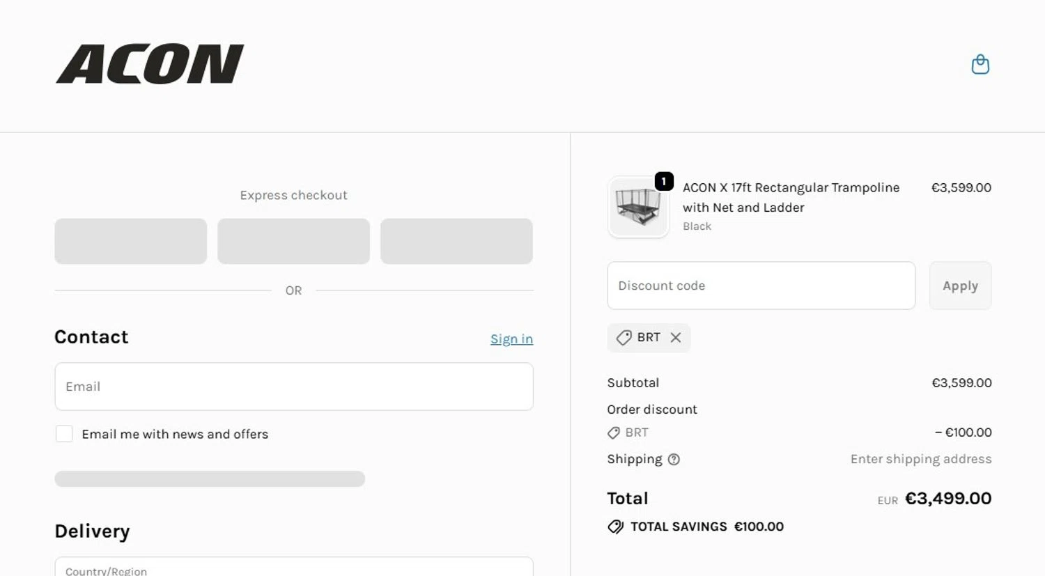 Acon24.com discount code screenshot showing code BRT applied at Acon24.com checkout page. Uploaded by SimplyCodes community member RoyalSage2492 on Dec 21, 2025