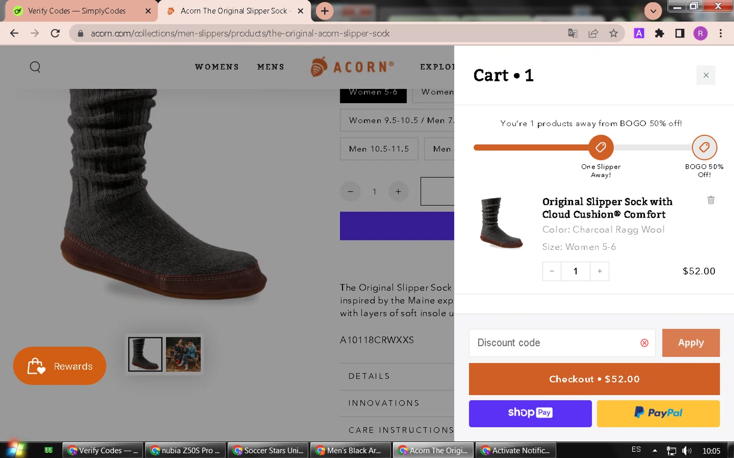 Acorn promo code screenshot showing code CLEARANCECLOSEOUT applied at Acorn checkout page. Uploaded by SimplyCodes community member BrilliantHawk1197 on Feb 11, 2025
