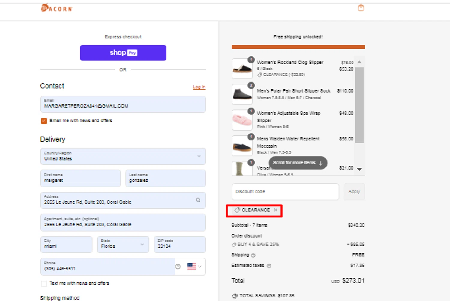 Acorn promo code screenshot showing code CLEARANCE applied at Acorn checkout page. Uploaded by SimplyCodes community member SavingsTitan4239 on Jun 30, 2025