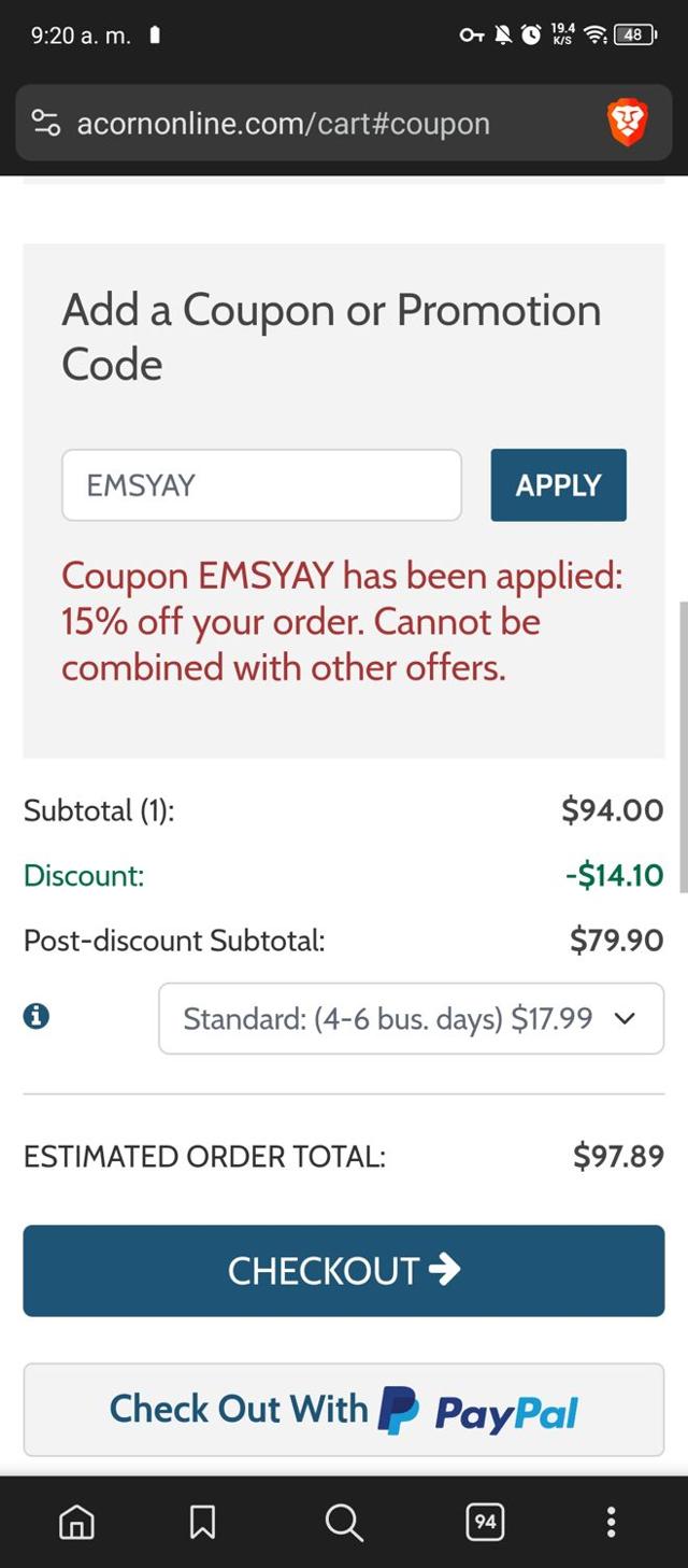 Acorn Online checkout page showing Acorn Online promo code box | Screenshot taken by SimplyCodes community member on Sep 26, 2024