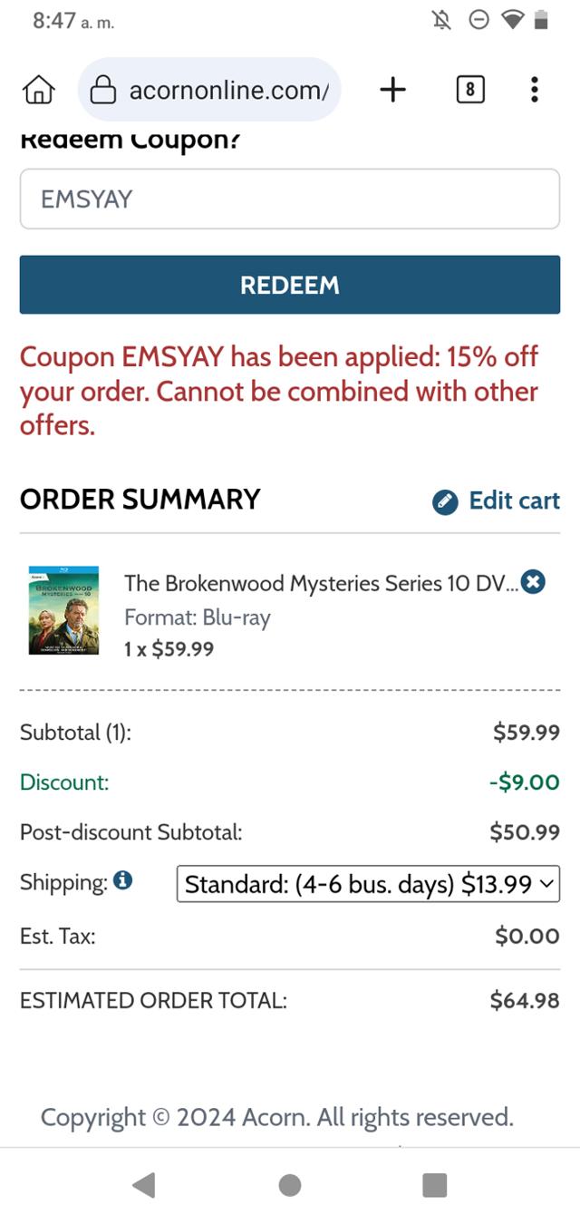 Acorn Online checkout page showing Acorn Online promo code box | Screenshot taken by SimplyCodes community member on Aug 28, 2024