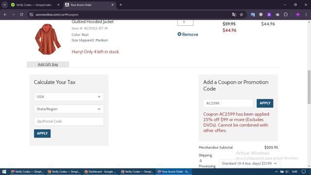Acorn Online checkout page showing Acorn Online promo code box | Screenshot taken by SimplyCodes community member on Sep 5, 2024
