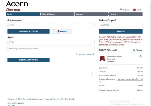 Acorn Online checkout page showing Acorn Online promo code box | Screenshot taken by SimplyCodes community member on Sep 12, 2024