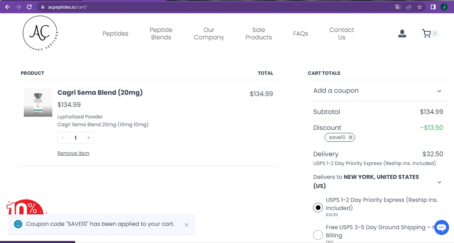 AC Peptides coupon code screenshot showing code SAVE10 applied at AC Peptides checkout page. Uploaded by SimplyCodes community member Intel_VS_AMD on Feb 3, 2025