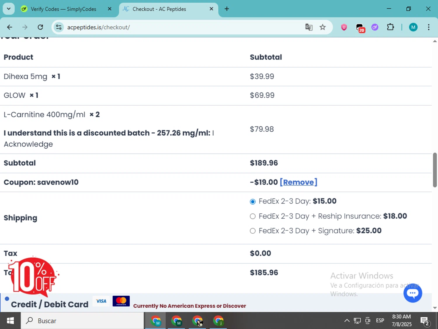 AC Peptides checkout page showing AC Peptides coupon code box | Screenshot taken by SimplyCodes community member on Jul 8, 2025
