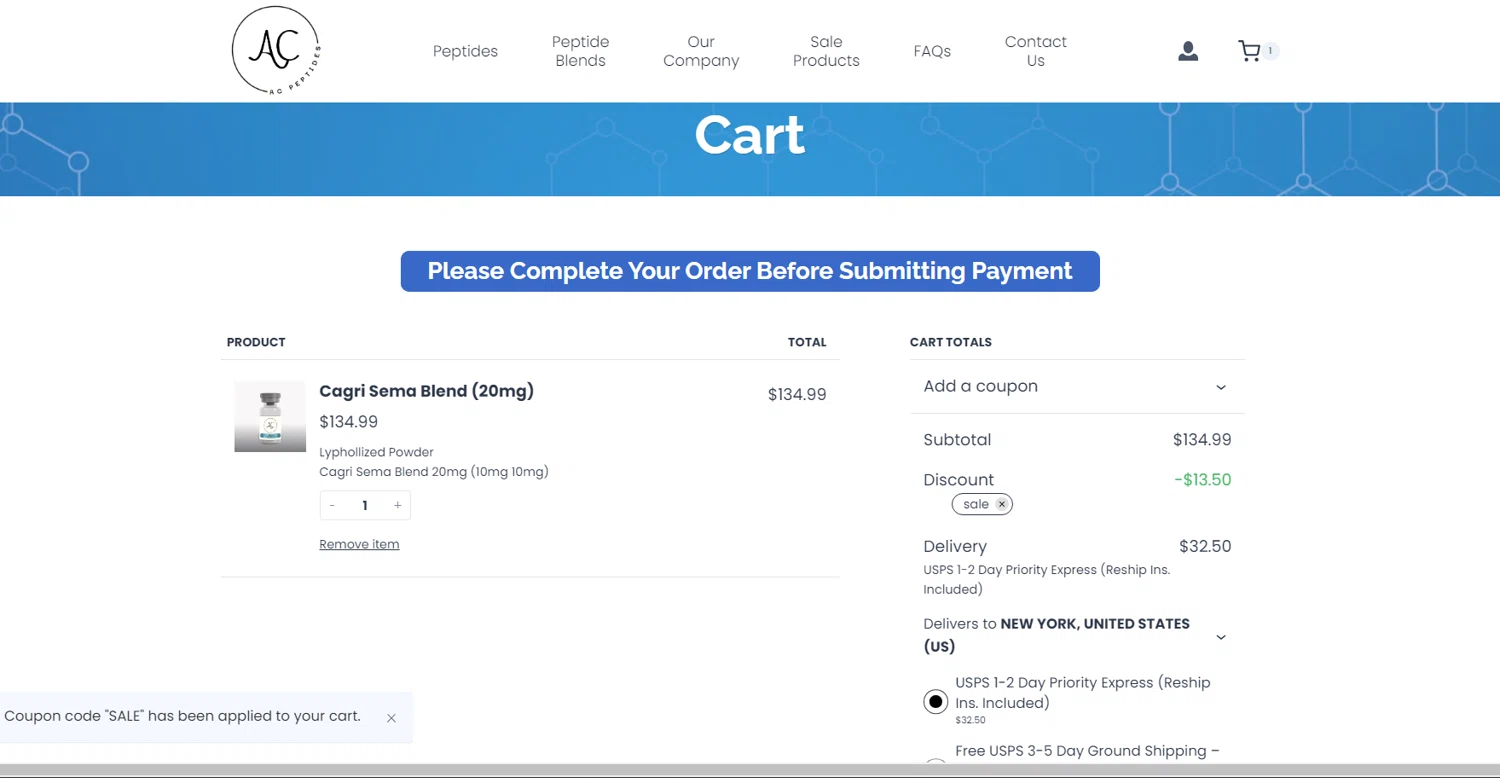 AC Peptides coupon code screenshot showing code SALE applied at AC Peptides checkout page. Uploaded by SimplyCodes community member GamerZone on Jan 27, 2025