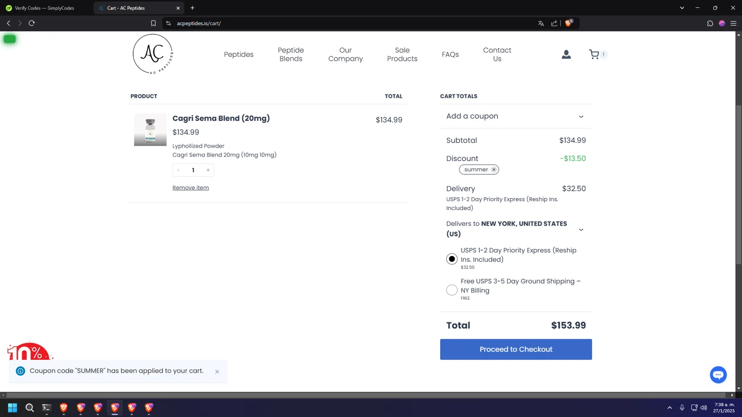 AC Peptides coupon code screenshot showing code SUMMER applied at AC Peptides checkout page. Uploaded by SimplyCodes community member usercod909090 on Jan 27, 2025