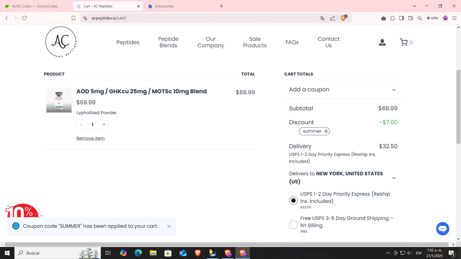 AC Peptides coupon code screenshot showing code SUMMER applied at AC Peptides checkout page. Uploaded by SimplyCodes community member Hasta_El_Final on Jan 27, 2025